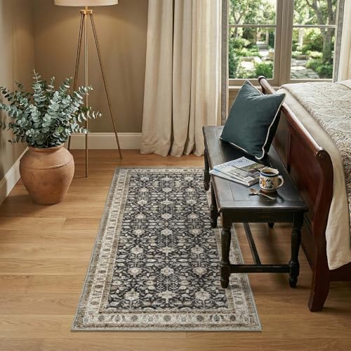 jinchan 2x5 Vintage Floral Runner Rug, Washable Non Slip, Black Taupe