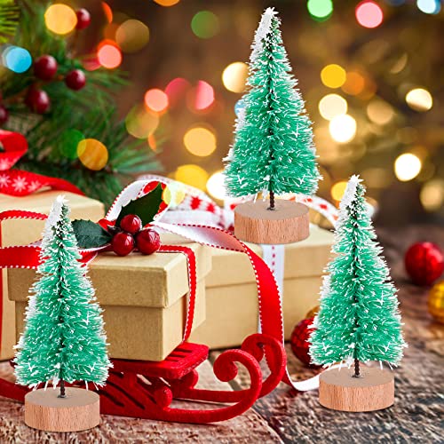 Sumind 48 Pcs Mini Brush Christmas Trees Sisal Snow Frost Tree Artificial Winter Mini Pine with Wooden Base Xmas Small Bottle Brush Trees for Christmas Winter Decoration(Green)