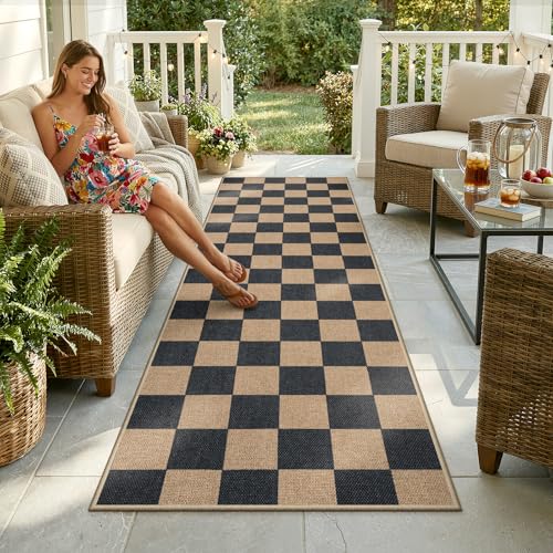 Lahome Checkered Easy Jute Kitchen Runner Rug, 2x8 Outdoor Rugs Washable