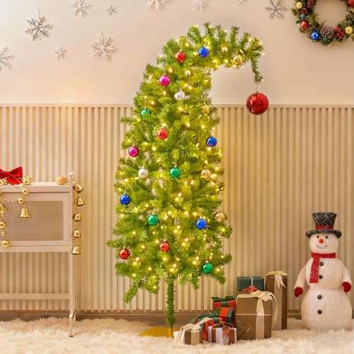 Juegoal 5 FT Artificial Christmas Tree, Pre-Lit Curved Shape Artificial Whimsical Xmas Tree with 150 LED Warm White Lights & Colorful Balls, 8 Lighting Modes Bendable Fake Pine Tree with Metal Base