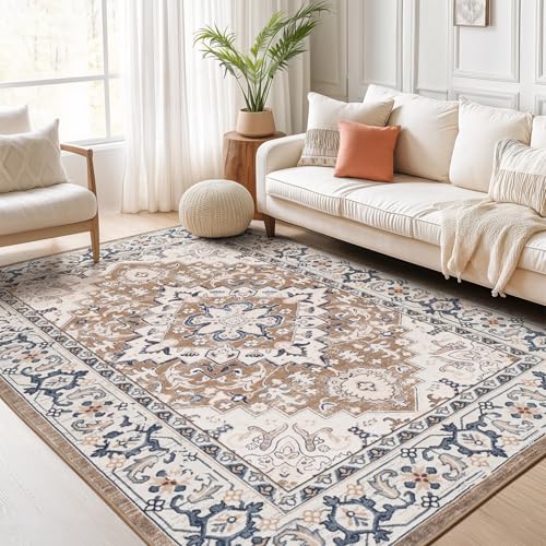 Lofus 5x7 Area Rugs for Living Room, Washable Area Rug, Rugs for Bedroom, Kitchen, Vintage Boho Carpet, Soft Non-Slip, Low Pile Large Area Rug for Office Dining Room, Floral Brown