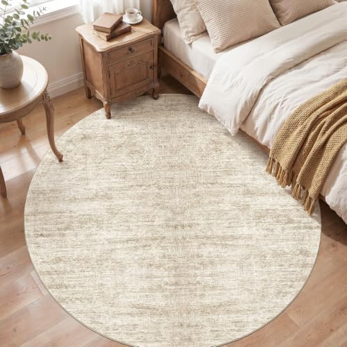 Area Rugs Round 8ft Washable Abstract Carpet Beige Brown