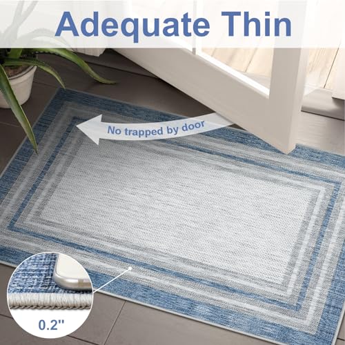Bordered Machine Washable Area Rugs, 4 x 6 Area Rugs for Bedroom Non Slip, Blue Washable Rugs Lightweight Indoor Carpet for Entryway Kitchen Dining Room Home Decor