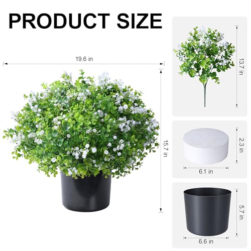 Fake Plants Artificial Flowers for Outdoors Decor, 2 Pack Fake Potted Plants Baby Breath With Green Eucalyptus Look Real UV Resistant Artificial Greenery with Pot for Outside Porch Garden Patio Yard