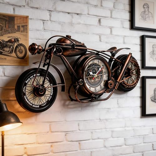 YOUKI Metal Motorcycle Wall Decor,Desk Shelf Clocks,Man Cave Decor,Steampunk Decor,Gift for Men,Large Wall Clock for Bedroom,Office,Garage,Non Ticking,Battery Operated,16.6 x 1.5X 7.9 Inches,Bronze