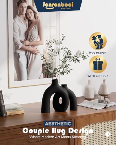Matte Black Vase Set - Hug Hollow Donut Aesthetic Ceramic Vases Home Decor, Modern Nordic Minimalist Decorative Vase for Table Centerpiece Bookshelf Office Entryway Console Fireplace (Black)