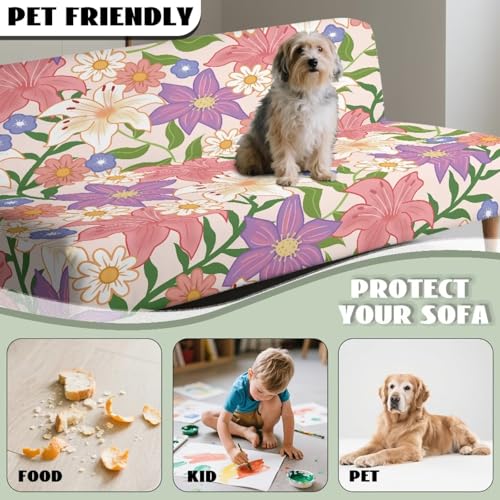 Armless Sofa Covers Elastic Futon Cover Non Slip Futon Sofa Slipcover with Elastic Bottom Stain-Resistant Pet Friendly Furniture Protector for Cats Dogs, Lily Floral Pin Violet