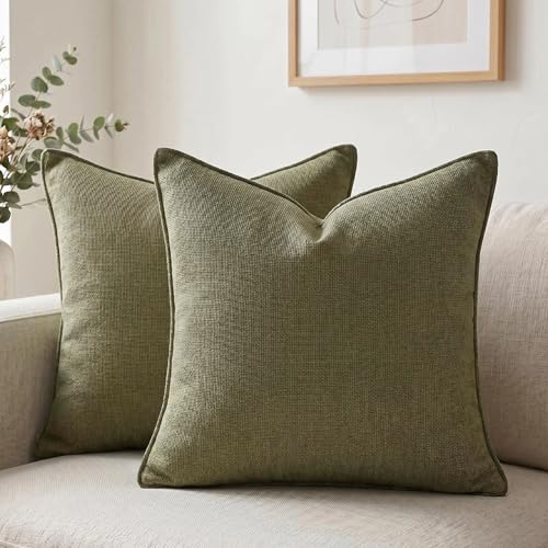 Fancy Homi Set of 2 Olive Green 22x22 Inch Soft Chenille Decorative Throw Pillow Covers with Flange Edge,Square Neutral Modern Boho Textured Cushion Case Home Decor for Couch Sofa Bed Livingroom