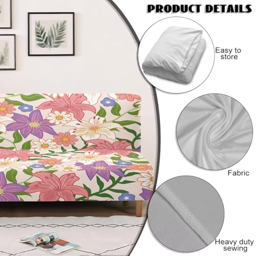 Armless Sofa Covers Elastic Futon Cover Non Slip Futon Sofa Slipcover with Elastic Bottom Stain-Resistant Pet Friendly Furniture Protector for Cats Dogs, Lily Floral Pin Violet
