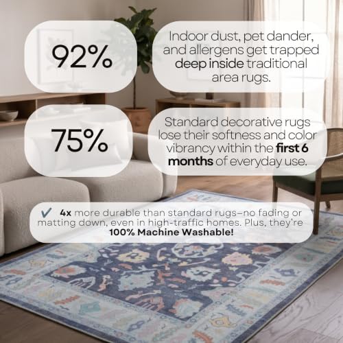Fame Rugs Modern Oushak Rug 2x3, Vintage Turkish Navy Blue Oriental Antique Inspired Area Rugs, Washable Foldable Luxury Living Room Bedroom (388NB, 2' x 3')