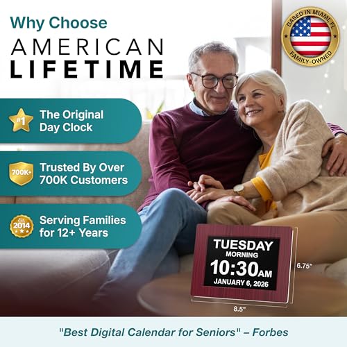 American Lifetime, New Version, Day Clock Extra Large Impaired Vision Digital Clock with Battery Backup and 5 Alarm Options, Premium Mahogany Color, 8 inch
