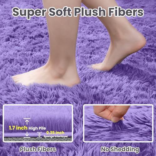 5x7 Fluffy Shag Area Rugs for Living Room Bedroom: Soft Plush Carpet Purple