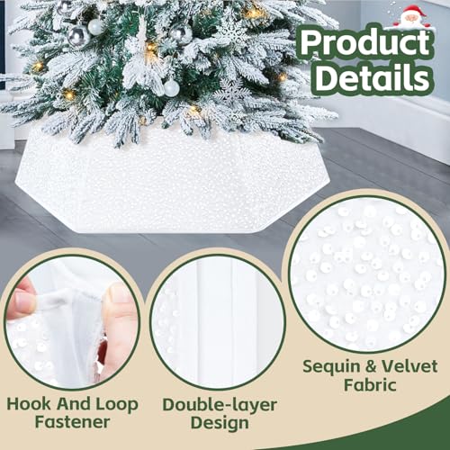 White Christmas Tree Collar for 9 ft Tree Foldable 31.49 Inch Sequin Christmas Tree Ring Velvet Tree Skirt Cover for Xmas Pencil Tree Holiday Decor