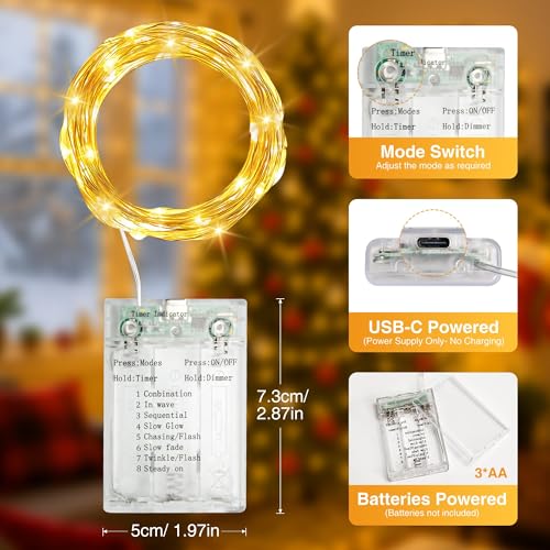 16FT 50 LED Fairy Lights Battery Operated with Timer, 8 Modes USB Mini Twinkle Light, Small String Lights for Tree Wreath Vase Bedroom DIY Holiday Wedding Decorations-Warm White