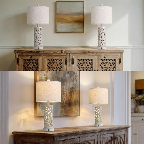 Bedside Table Lamps Set of 2 with USB & Night Light, 22'' Farmhouse Bedroom Lamps for Nightstand, Vintage Table Lamps for Bedroom Living Room Home Offce (Bulb Included)