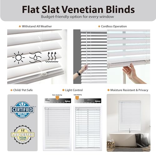 DEZ FURNISHINGS 2" Cordless Flat Slat Venetian Blind, 46" W x 48" H, White