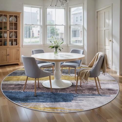 6ft Round Rugs for Living Room, Modern Abstract Washable Rug Yellow