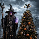 Halloween Witch Tree Topper with LED Lights,9 Inch Black Iron Flying Broom Witch Tree Topper,Spooky Light Up Halloween Ornament for Christmas Treetops and Home Party Supplies