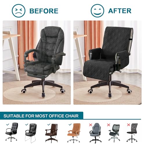 Turquoize Waterproof Office Chair Cover with Armrest Covers Black Computer Desk Chair Cover Quilted Office Chair Protector with Arms Office Chair Seat Cover Slipcover with Anti-Slip Buckle, Black