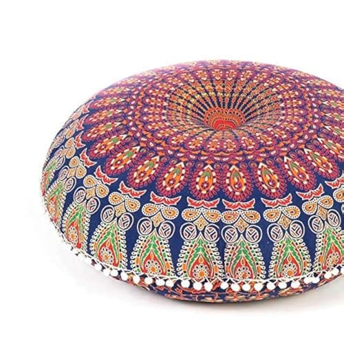 Mandala Floor Pillow Cover Meditation Cushion Seating Throw Hippie Round Colorful Decorative Bohemian Indian Pouf Ottoman Handmade Cover ONLY (A1 Dark Blue-2, 32" x 32")
