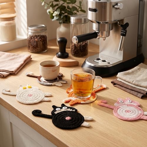 Cat Gifts for Cat Lovers 5PCS Cat Coaster Woven Creative Cute Cat Coaster Insulation Coaster – alternate view