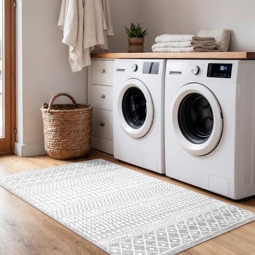 3x5 Ivory Gray Washable Door Rugs with Non-Slip Backing