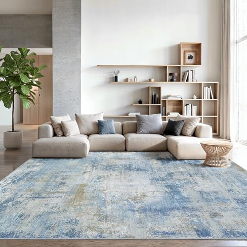 AMADA Washable 9'x12' Abstract Area Rug for Living Room Light Blue