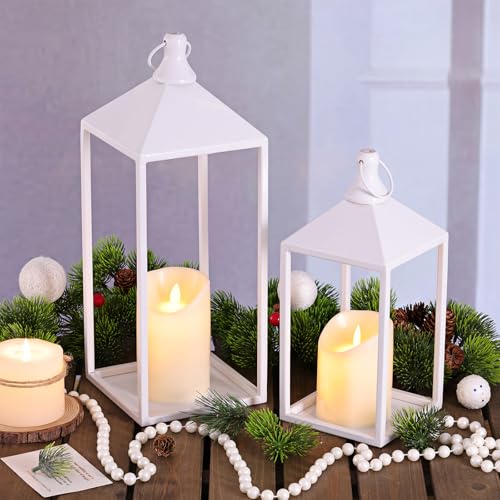 2 Pcs Wedding Lanterns Decorative with Candles White Farmhouse Lanterns
