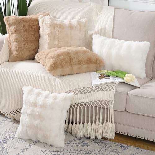 MADIZZ Pack of 2 Thick Plush Faux Wool Throw Pillow Covers Soft Boho Throw Pillows Luxurious Cushion Covers for Couch Sofa Bedroom Living Room Home Decor 18x18 Inch Cream