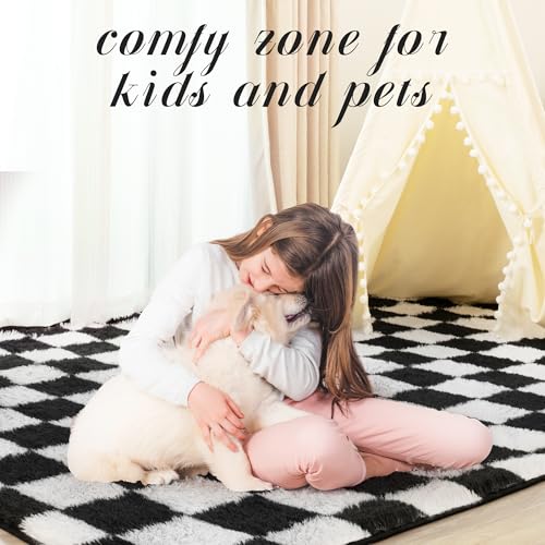 Super Soft Rug for Bedroom, 5x7 Ft Black and White Area Rug Classic Checkered Shaggy Anti-Skid High Pile Soft Fluffy Rug Fuzzy Carpet for Living Room Bedroom Kids Room Nursery, Dorm Home Decor
