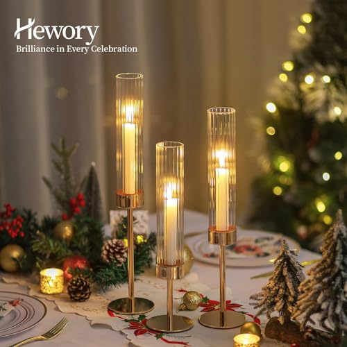 Hewory Gold Taper Candle Holders: Candlestick Holders Set of 3 Hurricane Glass Tall Candle Holder for Candlesticks Candle Sticks Holder Decor for Table Centerpiece Wedding Party Christmas Decorations
