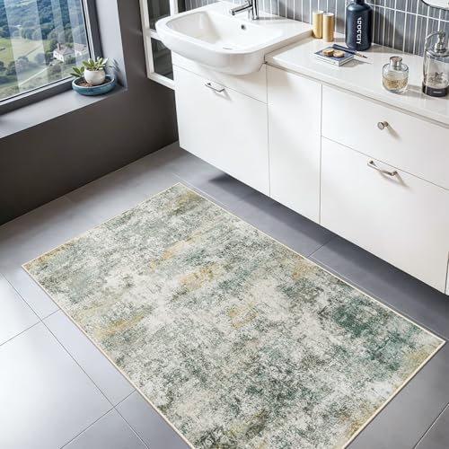 2x3 Runner Rug Washable Abstract: Soft Low Pile Carpet for Entryway Green