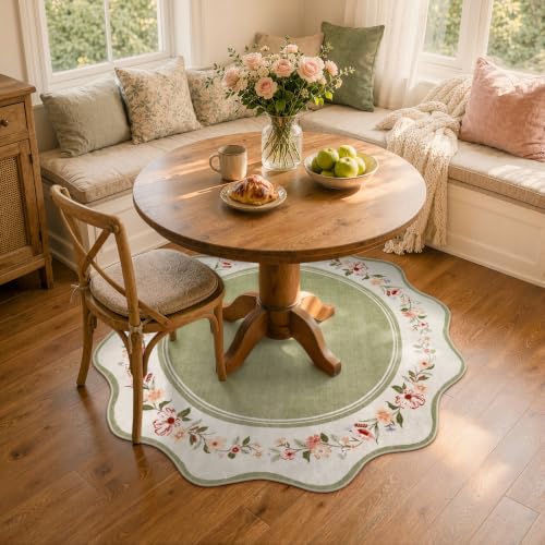 Lahome Round Kitchen Rug 4ft, Green Scalloped Floral Rug