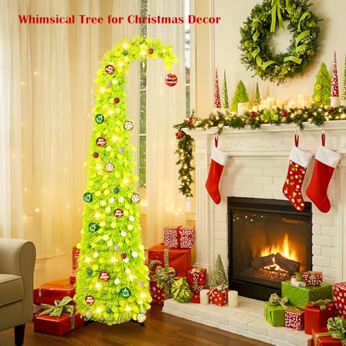 MACTING Whimsical Christmas Tree with Ball String Lights 5FT Green Pop Up Curved Tree with 15 Ball Lights & Hanging Ornaments Collapsible Tinsel Tree for Apartment Porch Indoor Xmas Halloween Decor