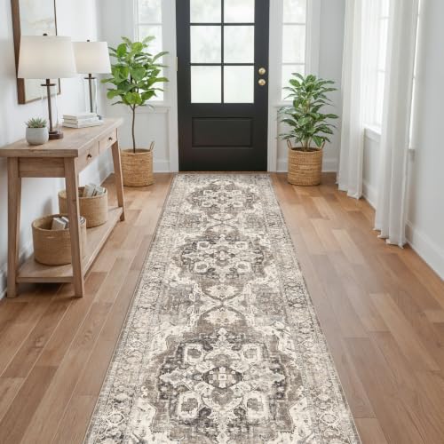 Hallway 3x9 Runner Rug: Non-Slip Washable Boho Kitchen Rugs Entryway Rug Runners Vintage Soft Low Pile Carpet Stain Resistant Floor Mat for Bedroom Bathroom Laundry(Beige/Brown/Grey, 3x9)
