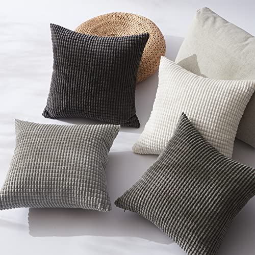 Topfinel Grey Couch Pillow Covers for Living Room 45x45 cm Set of 4,Mid Century Modern White Neutral Corduroy Corn Throw Pillows,Rustic Square Bench Chair Cushion(18 Inch/Grey)