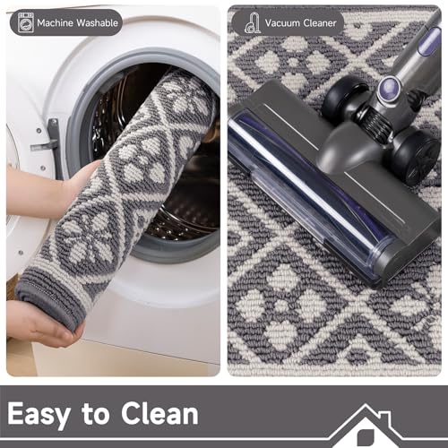 Hallway Runner Rug 2x10 ft,Washable Indoor Grey Entryway Carpet with Non Slip Rubber Backing,Low Pile Heavy Duty Kitchen Floor Mat for Entrance & High Traffic Areas