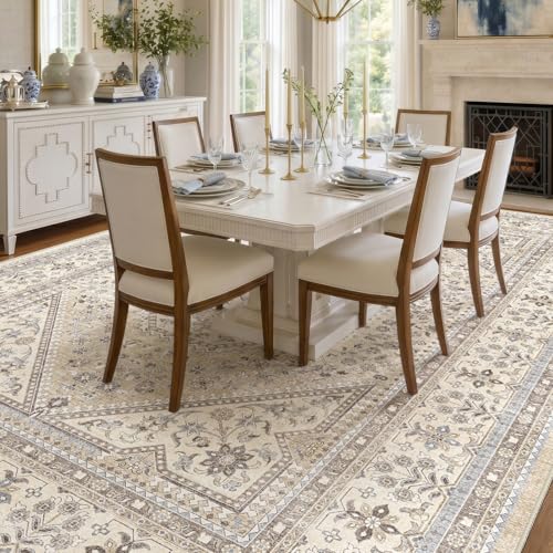 12x18 Washable Area Rug for Living Room - Non-Slip Vintage Rugs Beige Gray