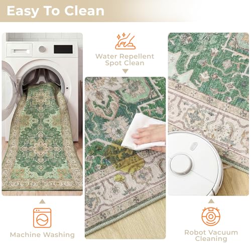 3 Piece Kitchen Rugs Sets with Runner, Washable Non Slip Soft Boho Kitchen Mats, Low Pile Stain Resistant Carpet for Hallway, Laundry Room, Entryway, Home Decor(20"x32"+20"x48"+20"x59", Green Beige)