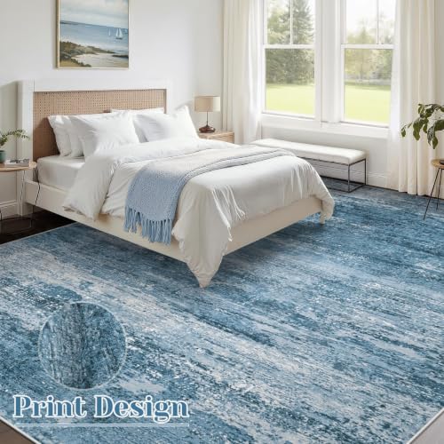 Washable Rug 9x12 Area Rugs for Living Room: Large Neutral Soft Rug Abstract Non Slip Low Pile Modern Carpet for Bedroom Kitchen Nursery Office Dining Room Indoor (Darkblue, 9'x12')