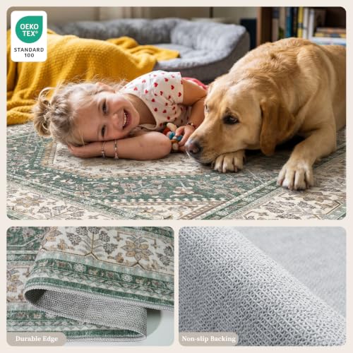 4x4 Square Washable Area Rug - Non-Slip Vintage Throw Rugs Green Beige