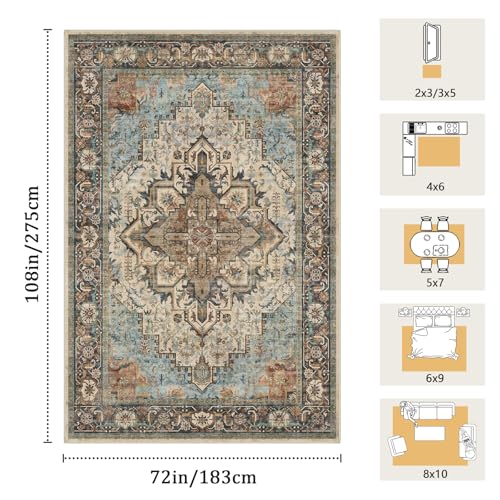 Washable 6x9 Area Rug, Blue Vintage Floral Non-Slip for Living Room Bedroom