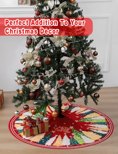 Multiwins Christmas Tree Skirt 48 Inch, Red Christmas Tree Skirt with Christmas Tree and Star Design, Thick Flannel Fabric, Xmas Tree Skirt for Holiday Decorations