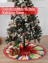 Multiwins Christmas Tree Skirt 48 Inch, Red Christmas Tree Skirt with Christmas Tree and Star Design, Thick Flannel Fabric, Xmas Tree Skirt for Holiday Decorations