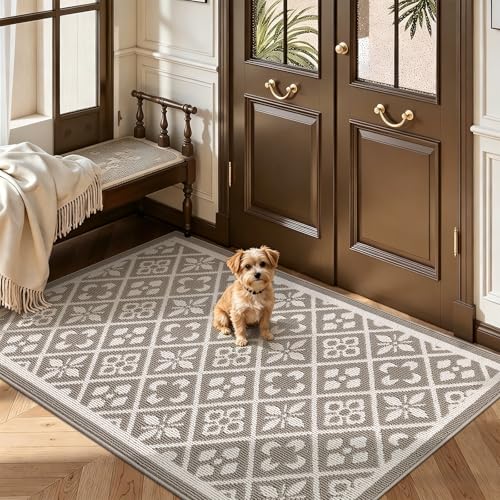 Indoor Door Mat 3x5ft, Absorbent Muddy Mats for Dogs, Low-Profile Entrance Large Welcome Mat with Non-Slip Rubber Backing, Washable Runner Carpet for Hallway,Entryway,Kitchen(Beige)