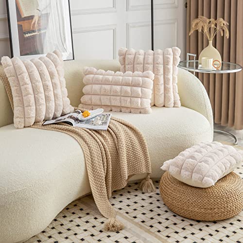 Neelvin Beige Faux Fur Cozy Soft Plaid Decorative Throw Pillow Covers 12x20 inch Set of 2,Velvet Pillowcase Cushion Case for Sofa Couch