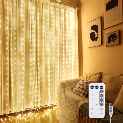 Fairy Curtain Lights for Bedroom, 9.8x9.8 Ft Fairy Lights Curtain with Remote, 300 LED String Light 8 Flashing Modes USB Plug in for Dorm Backdrop Window Wall Indoor Outdoor (Warm White)
