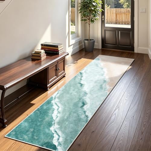 Beach Pattern 2x8ft Runner Rug Non Slip Washable Kitchen Runner Rug with Rubber Backing，Low-Pile Soft Washable Runner Rugs for Hallway Entryway Kitchen Bedroom Living Room Bathroom Teal