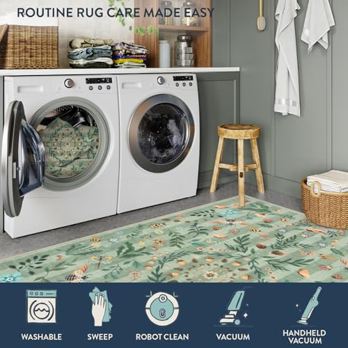 Lahome Washable Insect Botanical 2'6"x8 Runner Rug for Entryway - Machine Washable Non-Slip Hallway Runner Rug, Green Boho Low Profile Soft Faux Wool Carpets for Bedroom, Hallway, Laundry, Kitchen