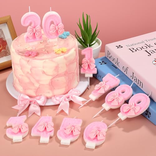 AKURIEEY Pink 1st Birthday Candle Bow Numbers 1 Candle Cake Topper Cupcake Decorations Party Decor for Girls and Women Anniversary Celebrations Supplies